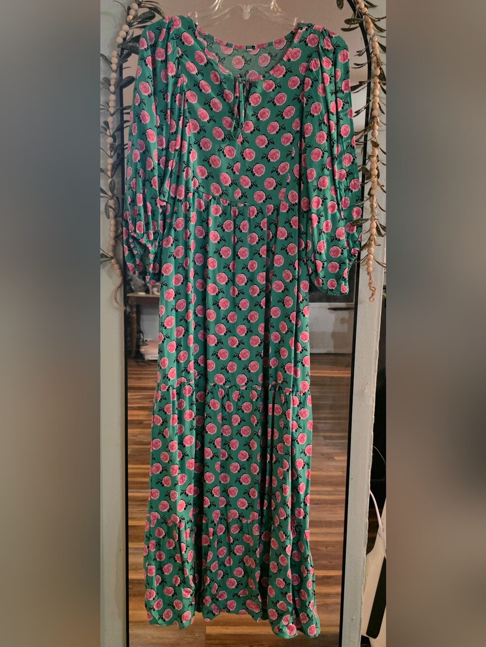 Green Floral Maxi Dress with Pink Rose Print